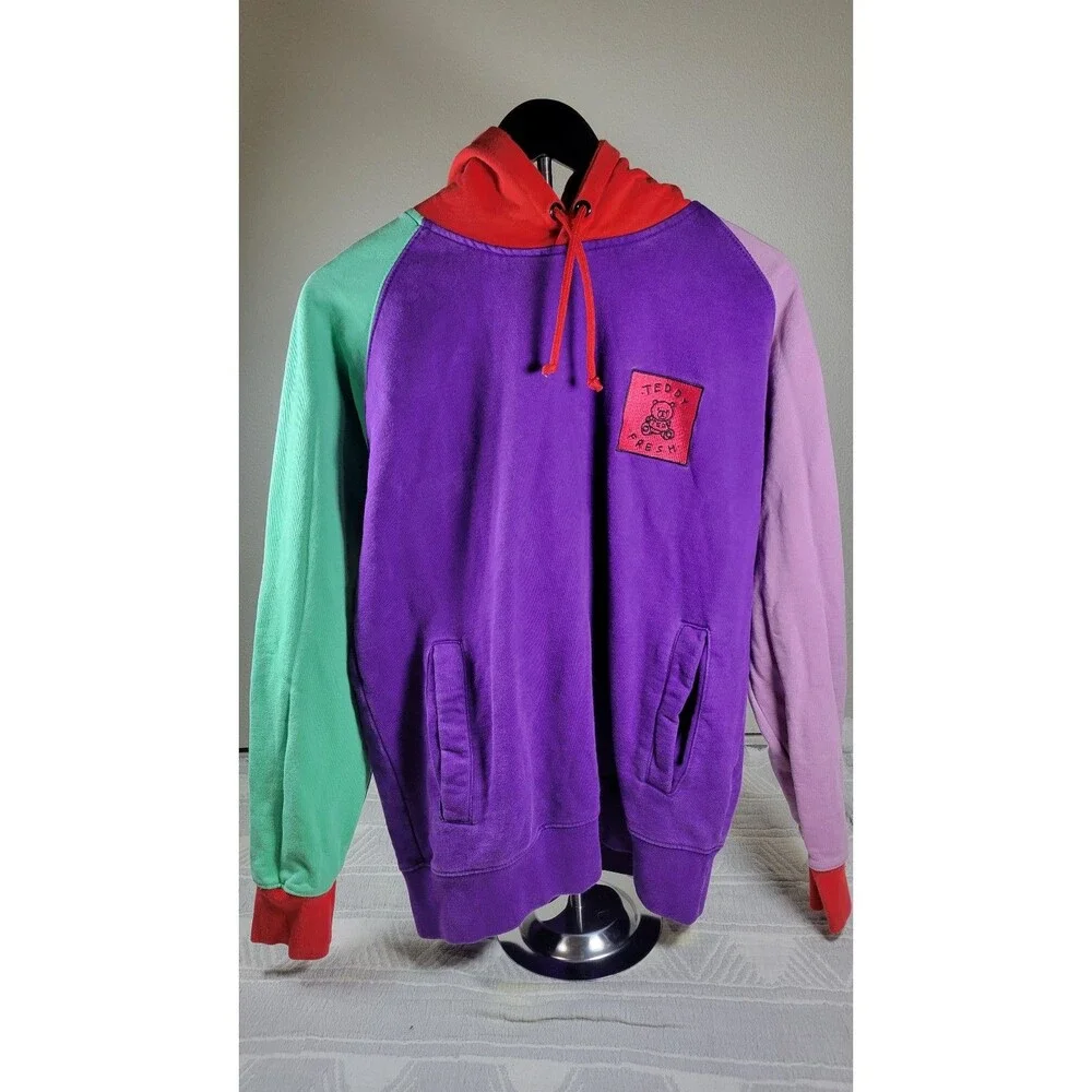 Teddy Fresh Colorblock Hoodie Size M Multicolor Purple Red Green Pink 100% Cotto